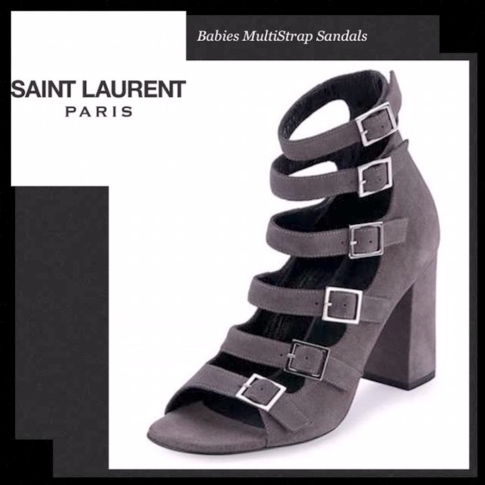 SAINT LAURENT Babies Multi-Strap Gray Suede Block Heel Sandals